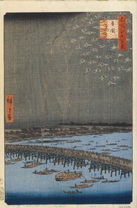 Fyrværkeri af Ryogoku Bridge Et hundrede berømte udsigter over Edo, 1856-1858 af Utagawa Hiroshige