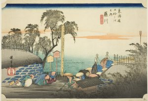 Fujikawa: View of Post Outskirts (Fujikawa, bohana no zu), fra serien "Fifty-three Stations of the Tokaido (Tokaido gojusan tsugi no uchi)," også kendt som Hoeido Tokaido af Utagawa Hiroshige