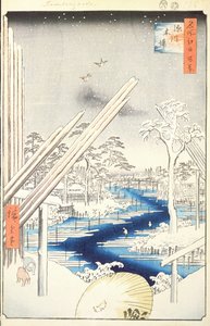 Fukagawa Lumberyards, nr. 106 fra One Hundred berømte udsigter over Edo, 1856 (træblok farvetryk) af Utagawa Hiroshige
