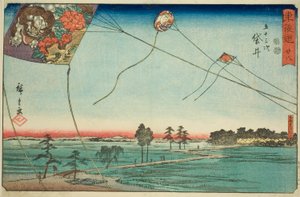 Fukuroi: Famous Kites of Enshu (Fukuroi, meibutsu Enshu dako) — nr. 28, fra serien "Fifty-three Stations of the Tokaido (Tokaido gojusan tsugi)," også kendt som Reisho Tokaido af Utagawa Hiroshige