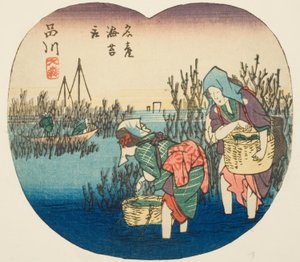 Indsamling af tang ved Omori i Shinagawa (Shinagawa, Omori, meisan nori tori), sektion af ark nr. 1 fra serien "Udskæringsbilleder af Tokaido-vejen (Tokaido harimaze zue)" af Utagawa Hiroshige
