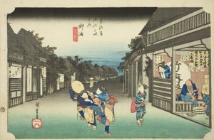Goyu: Women Stopping Traveler (Goyu, tabibito tomeru onna), fra serien "Fifty-three Stations of the Tokaido (Tokaido gojusan tsugi no uchi)," også kendt som Hoeido Tokaido af Utagawa Hiroshige