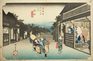 Goyu: Women Stopping Traveler (Goyu tabibito tomeru onna), fra serien "Fifty-tre stations of the Tokaido (Tokaido gojusan tsugi no uchi)," også kendt som Hoeido Tokaido af Utagawa Hiroshige