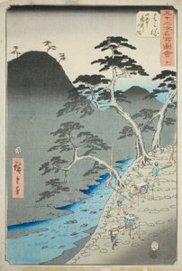 Hakone: Natteprocession i bjergene (Hakone, sanchu yagyo no zu), nr. 11 fra serien "Famous Sights of the Fifty-tre Stations (Gojusan tsugi meisho zue)," også kendt som den lodrette Tokaido af Utagawa Hiroshige