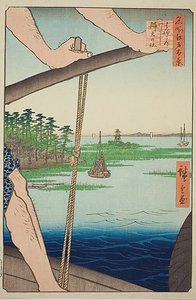 Haneda Ferry and Benten Shrine (Haneda no watashi Benten no yashiro), nr. 72 fra serien "One Hundred Famous Views of Edo (Meisho Edo hyakkei)" af Utagawa Hiroshige