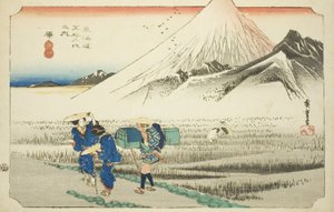 Hara: Mount Fuji in the Morning (Hara, asa no Fuji), fra serien "Fifty-three Stations of the Tokaido Road (Tokaido gojusan tsugi no uchi)," også kendt som Hoeido Tokaido af Utagawa Hiroshige