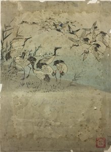 Fiskehejrer blandt græs af Utagawa Hiroshige