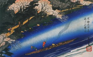 Hiroshige polerer en tømmerflåde på en flod af Utagawa Hiroshige