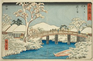 Hodogaya: Katabira-floden og Katabira-broen (Hodogaya, Katabiragawa Katabirabashi) – nr. 5, fra serien "Fifty-three Stations of the Tokaido (Tokaido gojusan tsugi)," også kendt som Reisho Tokaido af Utagawa Hiroshige