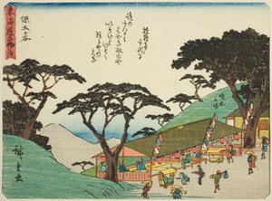 Hodogaya, fra serien "Fifty-three Stations of the Tokaido (Tokaido gojusan tsugi)," også kendt som Tokaido med digt (Kyoka iri Tokaido) af Utagawa Hiroshige