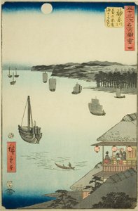 Kanagawa: Udsigt over havet fra tehusene på bakken (Kanagawa, dai no chaya kaijo miharashi), nr. 4 fra serien "Famous Sights of the Fifty-tre Stations (Gojusan tsugi meisho zue)," også kendt som den lodrette Tokaido af Utagawa Hiroshige