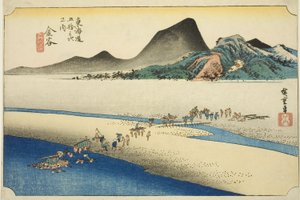 Kanaya: The Far Bank of the Oi River (Kanaya, Oigawa engan), fra serien "Fifty-three Stations of the Tokaido Road (Tokaido gojusan tsugi no uchi)," også kendt som Hoeido Tokaido af Utagawa Hiroshige