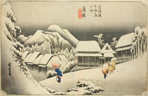 Kanbara: Evening Snow (Kanbara, yoru no yuki), fra serien "Fifty-three Stations of the Tokaido (Tokaido gojusan tsugi no uchi)," også kendt som Hoeido Tokaido af Utagawa Hiroshige