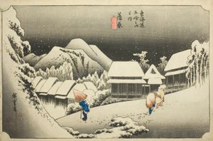 Kanbara: Evening Snow (Kanbara, yoru no yuki), fra serien "Fifty-three Stations of the Tokaido (Tokaido gojusan tsugi no uchi)," også kendt som Hoeido Tokaido af Utagawa Hiroshige