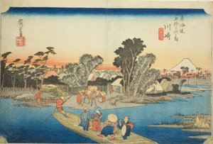 Kawasaki: Rokugo-færgen (Kawasaki, Rokugo watashibune), fra serien "Fifty-three Stations of the Tokaido (Tokaido gojusan tsugi no uchi)," også kendt som Hoeido Tokaido af Utagawa Hiroshige