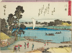 Kawasaki, from the series "Fifty-three Stations of the Tokaido (Tokaido gojusan tsugi)," also known as the Tokaido with Poem (Kyoka iri Tokaido) af Utagawa Hiroshige