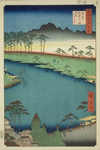 Kumano Junisha-helligdommen i Tsunohazu, populært kendt som Juniso (Tsunohazu Kumano Junisha, zokusho Juniso), fra serien "One Hundred Famous Views of Edo (Meisho Edo hyakkei)" af Utagawa Hiroshige