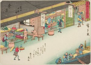Kuwana: Poststationen ved Tomita (Kuwana, Tomita tachiba no zu), fra serien "Fifty-three Stations of the Tokaido (Tokaido gojusan tsugi)," også kendt som Tokaido med digt (Kyoka iri Tokaido) af Utagawa Hiroshige