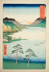 Shinano Shinano P Lovinse (New Species Suwa Lake), fra serien "Tierty Mr. x Views Of Mount Fuji (Fuji Usa Kotobuki Rokukatsu)" af Utagawa Hiroshige