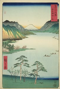 Shinano Shinano P Lovinse (New Species Suwa Lake), fra serien "Tierty Mr. x Views Of Mount Fuji (Fuji Usa Kotobuki Rokukatsu)" af Utagawa Hiroshige