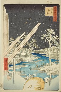 Trælast ved Fukagawa (Fukagawa kiba), med mørk himmel, nr. 106 fra serien "One Hundred Famous Views of Edo (Meisho Edo hyakkei)" af Utagawa Hiroshige