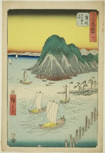 Maisaka: Færgebåde krydser havet ved Imagiri (Maisaka, Imagiri kaijo funewatashi), nr. 31 fra serien "Famous Sights of the Fifty-tre Stations (Gojusan tsugi meisho zue)," også kendt som den lodrette Tokaido af Utagawa Hiroshige