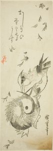Mandarinænder krydser iskolde dam midt i faldende blade af Utagawa Hiroshige