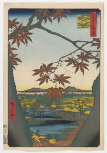 Maple Trees at Mama, Tekona Shrine and Linked Bridge, Edo-periode, 1857 (træblok i farver)
