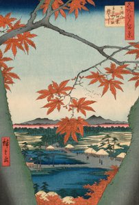 Maple Trees at Mama, Tekona Shrine and Tsugi Bridge (Mama no momiji, Tekona no yashiro, Tsugihashi), fra serien "One Hundred Famous Views of Edo (Meisho Edo hyakkei)" af Utagawa Hiroshige