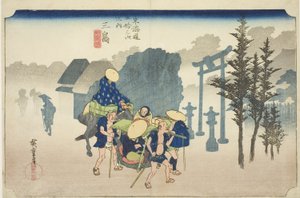 Mishima: Morning Mist (Mishima, asagiri), fra serien "Fifty-three Stations of the Tokaido Road (Tokaido gojusan tsugi no uchi)," også kendt som Hoeido Tokaido af Utagawa Hiroshige
