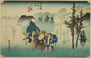 Mishima: Morning Mist (Mishima, asagiri), fra serien "Fifty-three Stations of the Tokaido Road (Tokaido gojusan tsugi no uchi)," også kendt som Hoeido Tokaido af Utagawa Hiroshige