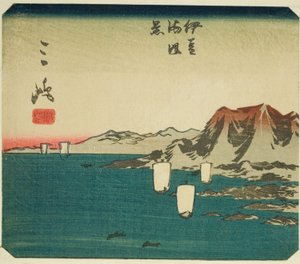 Mishima, sektion af ark nr. 3 fra serien "Cutout Pictures of the Tokaido (Tokaido harimaze zue)" af Utagawa Hiroshige