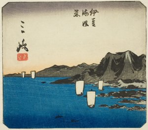 Mishima, sektion af ark nr. 3 fra serien "Cutout Pictures of the Tokaido (Tokaido harimaze zue)" af Utagawa Hiroshige