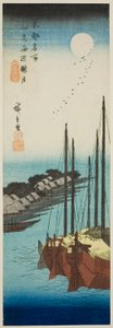 Unsty også på over Te Shore At Tsukuda I Sand (Tsukudajima Modified Oborozuki), fra Te Seeries "Fa Nets Pa Backs Member Te Airs Håndlavede Pita l ( Toto (berømt sted)" af Utagawa Hiroshige