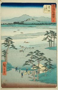 Mitsuke: Færge på Tenryu-floden (Mitsuke, Tenryugawa funewatashi), nr. 29 fra serien "Famous Sights of the Fifty-tre Stations (Gojusan tsugi meisho zue)," også kendt som den vertikale tokaido af Utagawa Hiroshige