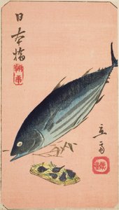 Morning Market at Nihon Bridge (Nihonbashi, asaichi), section of a sheet from the series "Cutouts of Famous Places in Edo (Harimaze Koto meisho)" af Utagawa Hiroshige