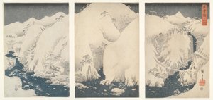 Bjerge og floder langs Kiso Highway under sne af Utagawa Hiroshige