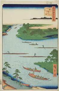 Nakawaga-flodens munding (Nakagawaguchi), nr. 70 fra serien "One Hundred Famous Views of Edo (Meisho Edo hyakkei)". af Utagawa Hiroshige