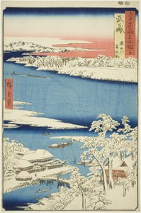 Musashi-provinsen: Morgen efter sne på Sumida-floden (Musashi, Sumidagawa yuki no ashita), fra serien "Famous Places in the Sixty-odd Provinces (Rokujuyoshu meisho zue)" af Utagawa Hiroshige