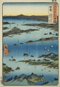 Mutsu Province: View of Matsushima with a Distant Prospect of Mount Tomi (Mutsu, Matsushima fukei Tomiyama chobo no ryakuzu), fra serien "Famous Places in the Sixty-odd Provinces (Rokujuyoshu meisho zue)" af Utagawa Hiroshige