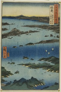Mutsu-provinsen: Udsigt over Matsushima med en fjern udsigt til Tomi-bjerget (Mutsu, Matsushima fukei, Tomiyama chobo no ryakuzu), fra serien "Berømte steder i de omkring 60 provinser (Rokujuyoshu meisho zue)". af Utagawa Hiroshige