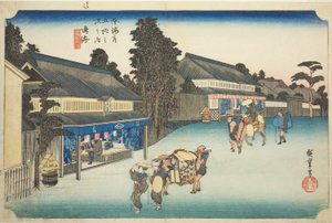 Narumi: Famous Tie-dyed Fabrics of Arimatsu (Narumi, meibutsu Arimatsu shibori), fra serien "Fifty-three Stations of the Tokaido (Tokaido gojusan tsugi no uchi)," også kendt som Hoeido Tokaido af Utagawa Hiroshige