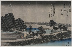 Night Rain at the Azuma Shrine (fra serien Eight Views of the Environs of Edo) af Utagawa Hiroshige