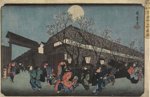 Natudsigt over Nakanomachi med kirsebærblomster i Yoshiwara, 1832-1834