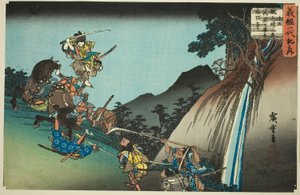 Nr. 10: Ushiwaka besejrer Sekigahara Yoichi ved Keage Mountain Pass (Jukkai, Keage toge ni Ushiwaka Sekigahara Yoichi uchikiru), fra serien "The Life of Yoshitsune (Yoshitsune ichidaiki no uchi)" af Utagawa Hiroshige