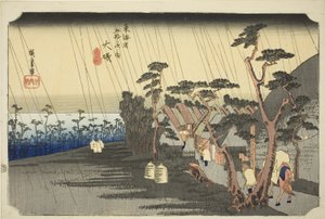 Oiso: Toras regn (Oiso, Tora ga ame), fra serien "Treoghalvtreds stationer på Tokaido-vejen (Tokaido gojusan tsugi no uchi)", også kendt som Hoeido Tokaido af Utagawa Hiroshige