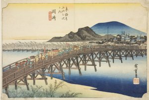 Okazaki: Yahagi Bridge (Okazaki, Yahagi no hashi), fra serien "Fifty-three Stations of the Tokaido (Tokaido gojusan tsugi no uchi)," også kendt som Hoeido Tokaido af Utagawa Hiroshige