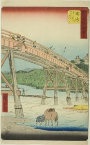 Okazaki: Yahagi-broen ved Yahagi-floden (Okazaki, Yahagigawa Yahagi no hashi), nr. 39 fra serien "Famous Sights of the Fifty-tre Stations (Gojusan tsugi meisho zue)," også kendt som den vertikale tokaido af Utagawa Hiroshige