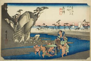 Okitsu: Okitsu-floden (Okitsu, Okitsugawa), fra serien "Fifty-three Stations of the Tokaido Road (Tokaido gojusan tsugi no uchi)," også kendt som Hoeido Tokaido af Utagawa Hiroshige
