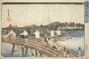 Rain at Nihonbashi Bridge (Nihonbashi no hakuu), from the series "Famous Places in the Eastern Capital (Toto meisho)" af Utagawa Hiroshige